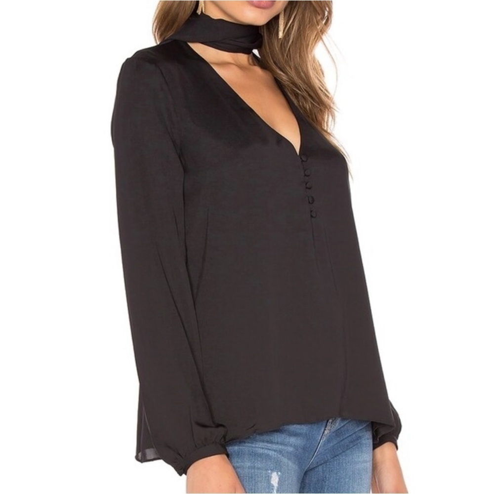 L'Academie 70’s Black V-Neck With Tie Blouse, Long Sleeve, Revolve, Size XS